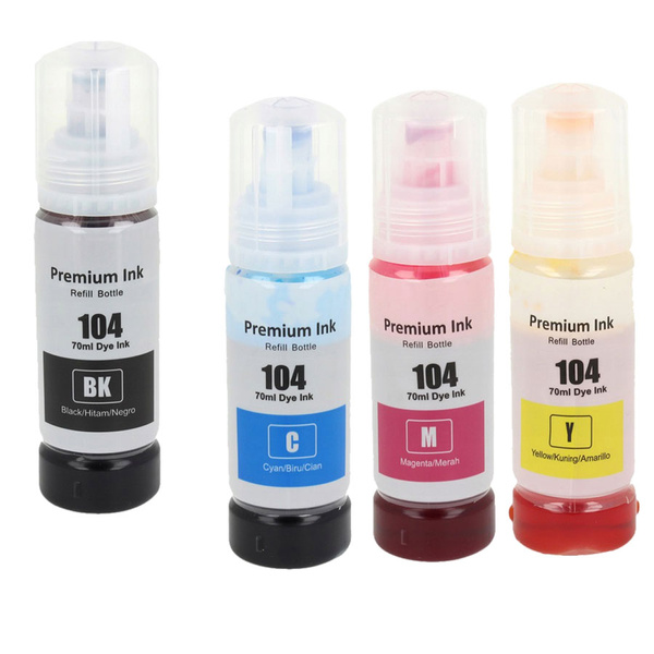 Zgodny Komplet tusze Epson 104 / T104 4x70ml CMYK Tusze w butelce do EPSON ECOTANK ET-2710 ET-2715 ET-2720 ET-2820 ET-2821 ET-2825 DDPrint Nowy