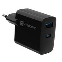 Natec RIBERA GaN 65W | 5-20V | 1.5-3.25A | 1 x USB QC 3.0 | 1 x USB Typu C PD | Czarna